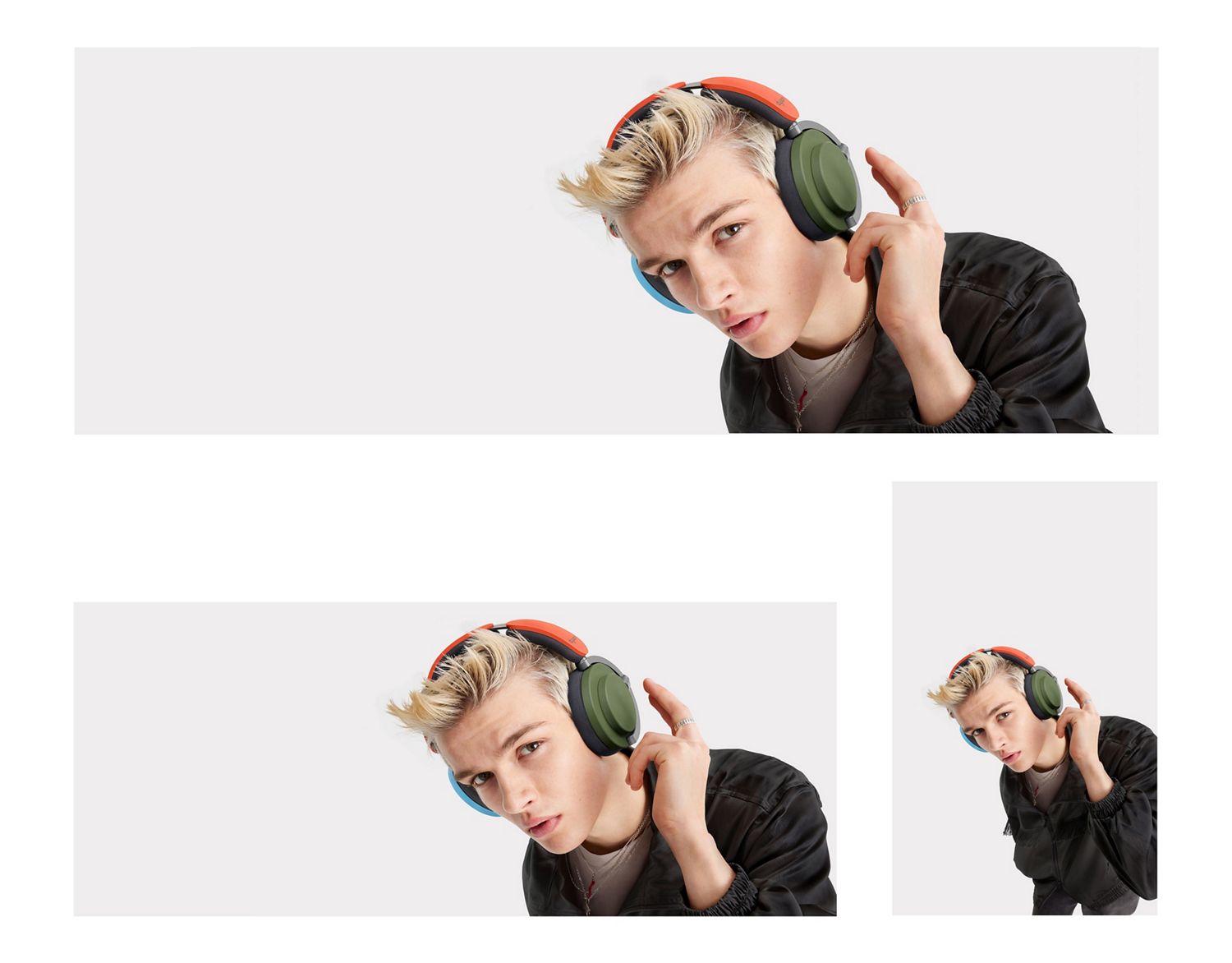 Casque d’écoute Dyson OnTrac avec des coquilles d’écouteur cinabre, bleues et kaki.